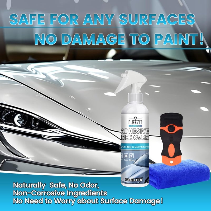 BUFFZIT Store Car Adhesive Remover - Glue Removal Spray for Decals, Stickers, Labels & Tape on Bumper Glass Paint Glue Gone with Plastic Scraper Tool – 100ml/3.4oz - Image 4